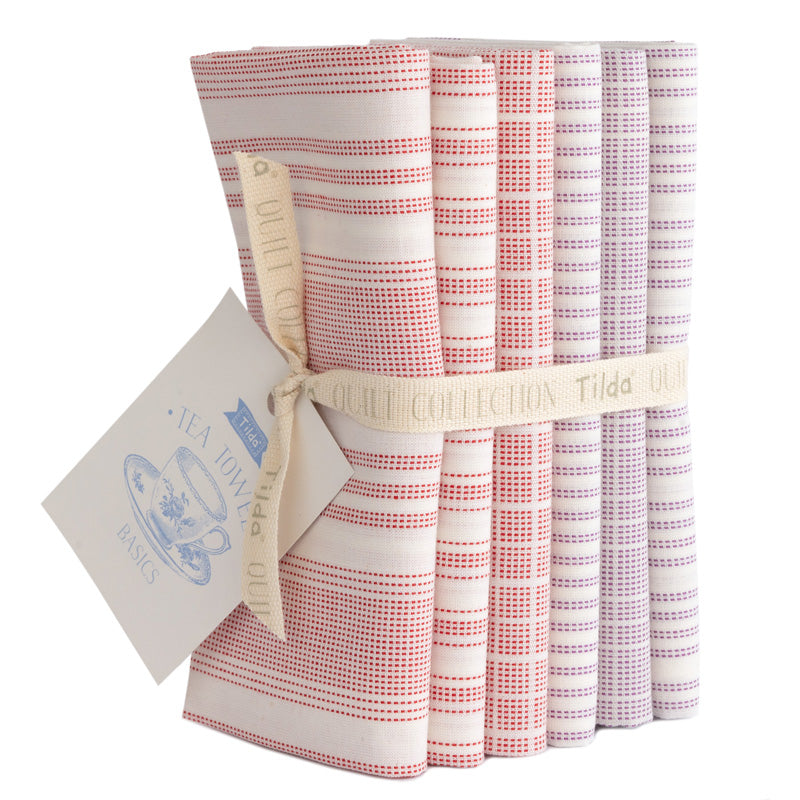 Fabric Fat Quarters Woven Tea Towel: 50 x 55cm Red/Plum (Bundle of 6)